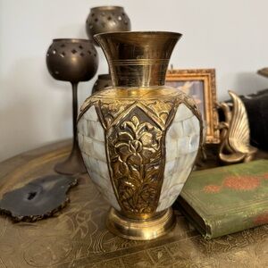 Vintage Beautful bohemian brass mother of pearl vase.